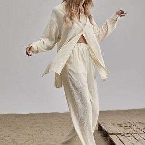 BUTTON DOWN SLIT HEM BLOUSE AND WIDE LEG PANTS TEXTURED SUMMER LOUNGE STREETWEAR